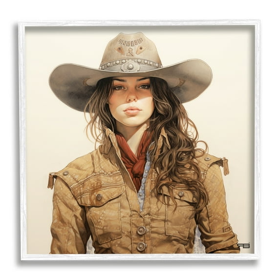 Stupell Industries Country Cowgirl on Beige Abstract Painting White Framed Art Print Wall Art, 24 x 24