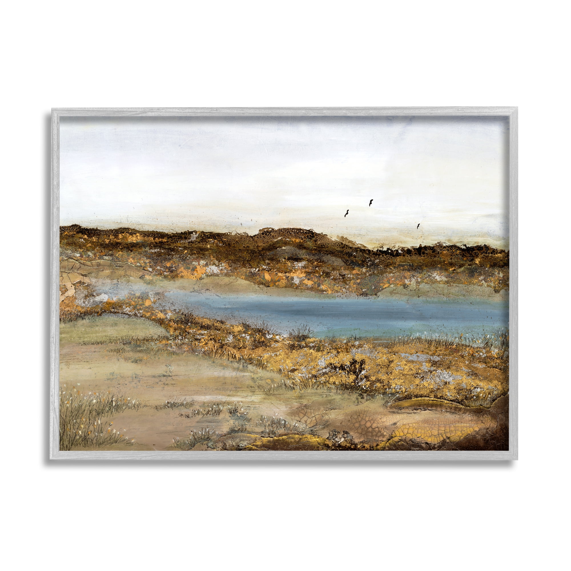 Stupell Industries Country Creek with Bird Detail Muddy Landscape Nature Painting Gray Framed Art Print Wall Art, 16 x 20