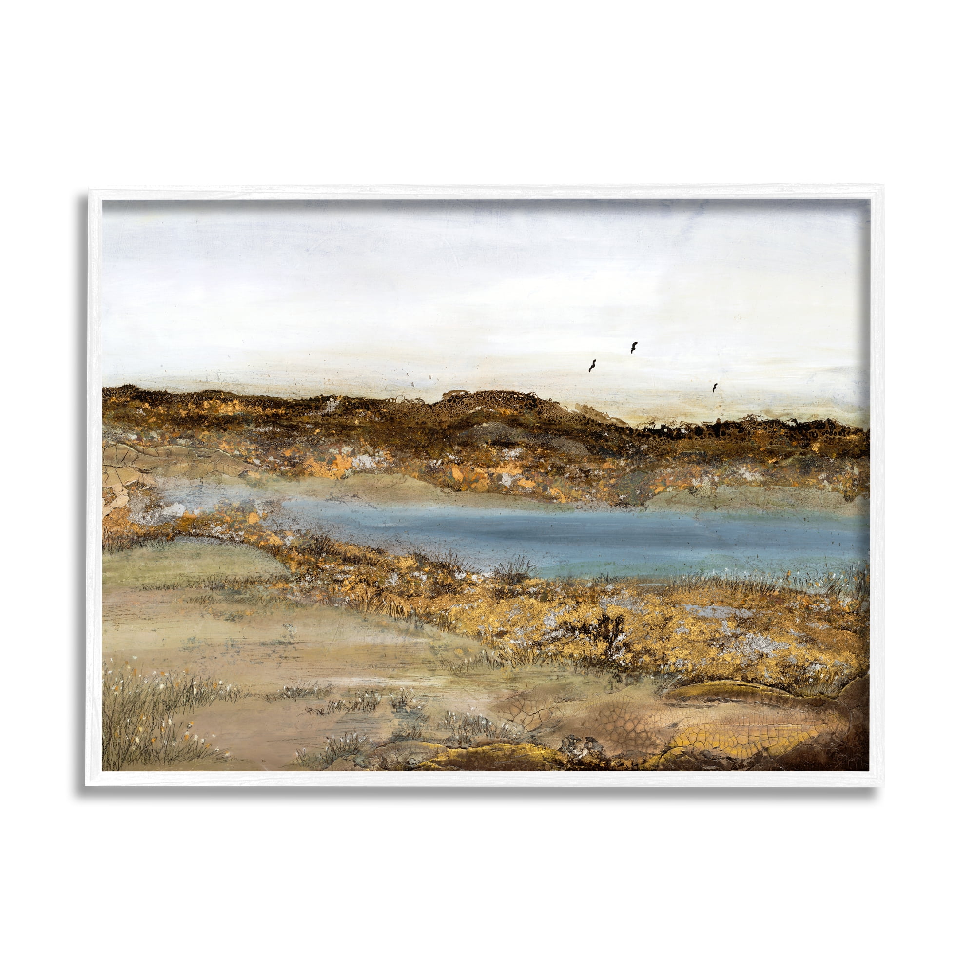Stupell Industries Country Creek with Bird Detail Muddy Landscape Nature Painting White Framed Art Print Wall Art, 11 x 14