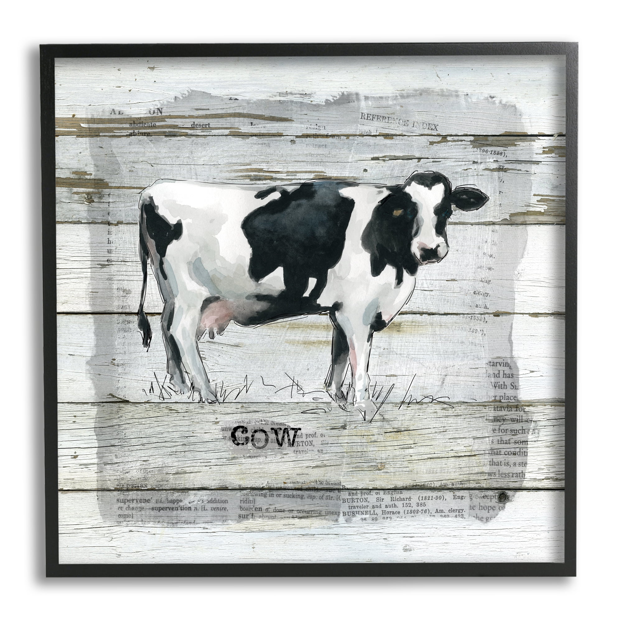 Stupell Industries Country Dairy Cow over Rustic Pattern Book Collage Animals & Insects Painting Black Framed Art Print Wall Art, 24 x 24