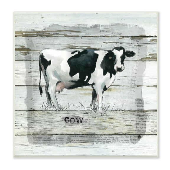 Stupell Industries Country Dairy Cow over Rustic Pattern Book Collage Animals & Insects Painting Unframed Art Print Wall Art, 12 x 12