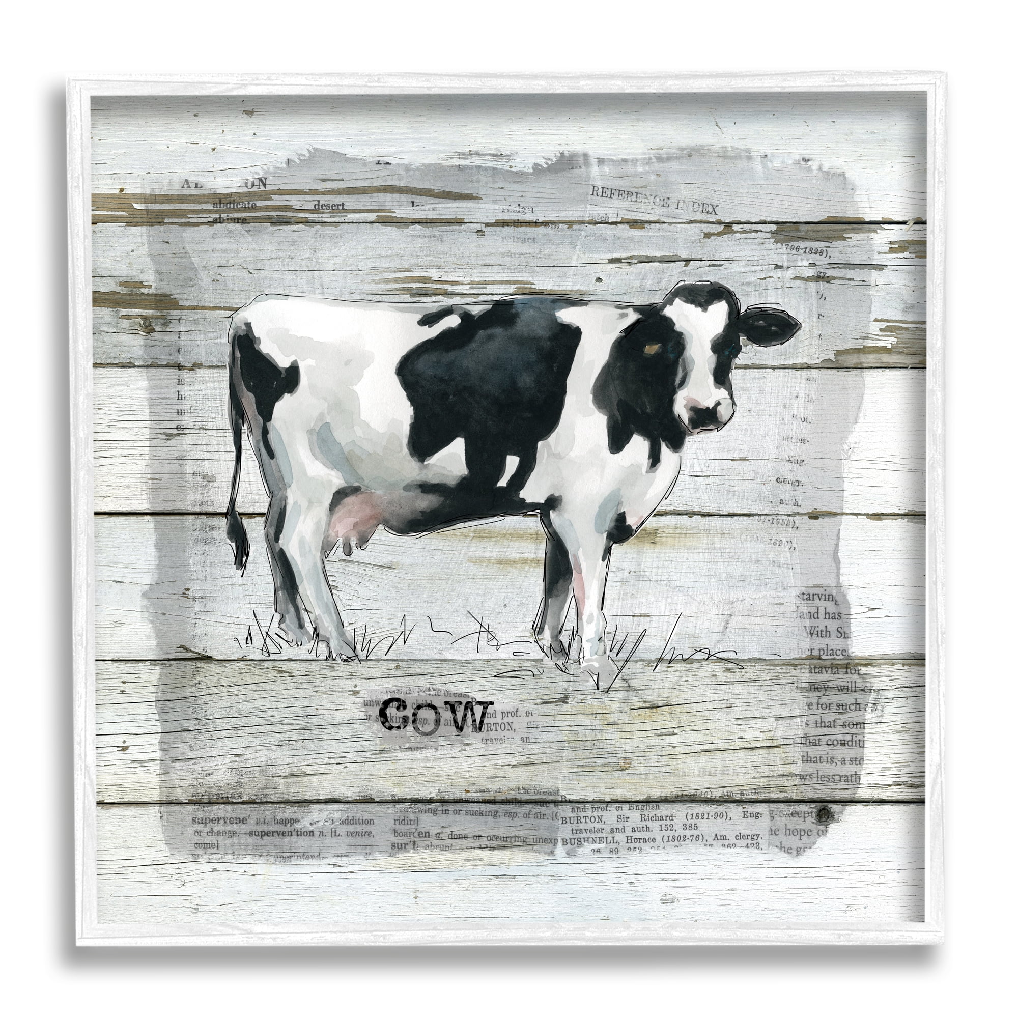 Stupell Industries Country Dairy Cow over Rustic Pattern Book Collage Animals & Insects Painting White Framed Art Print Wall Art, 24 x 24