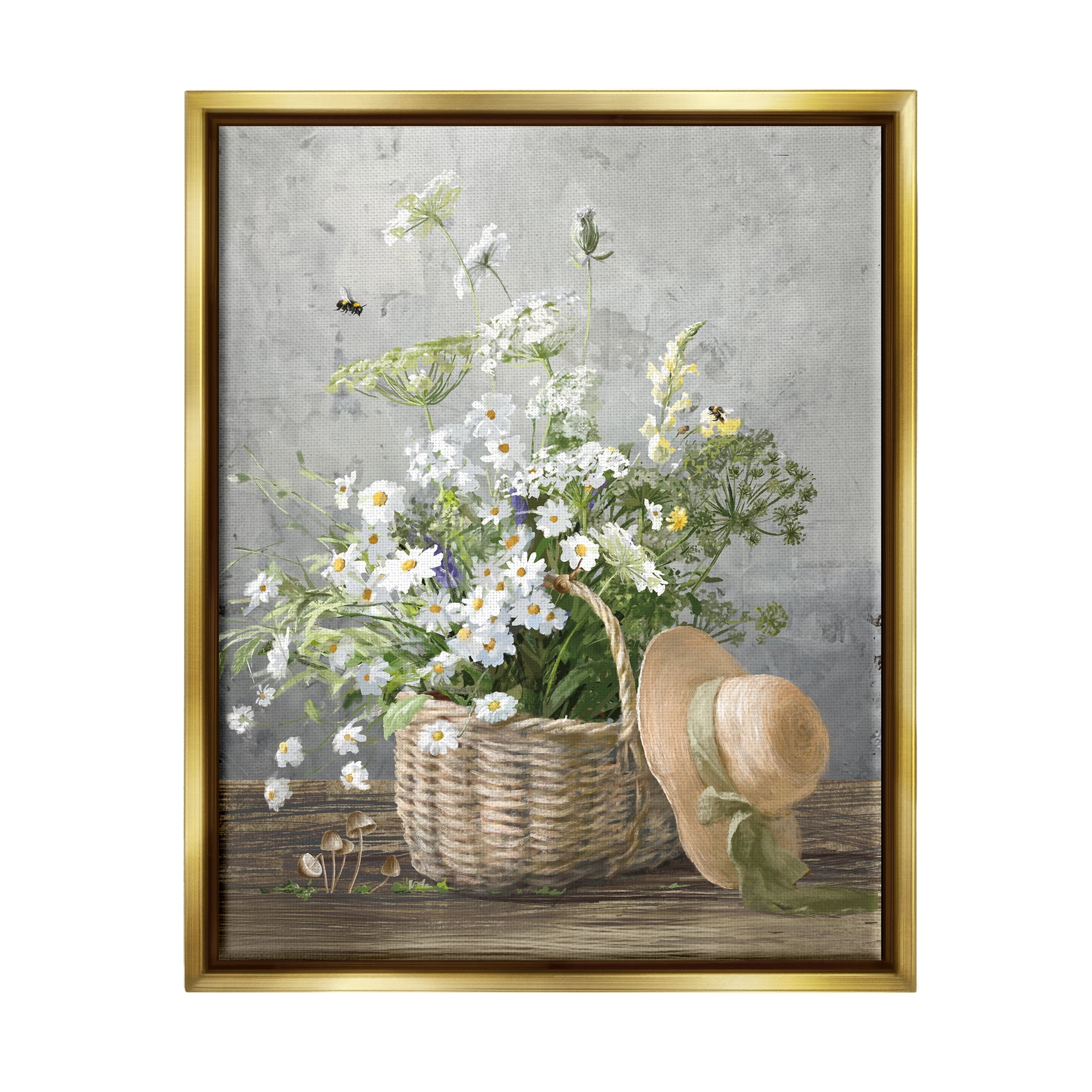 Stupell Industries Country Daisy Basket Botanical & Floral Painting Gold Floater Framed Canvas Art Print Wall Art, 17 x 21