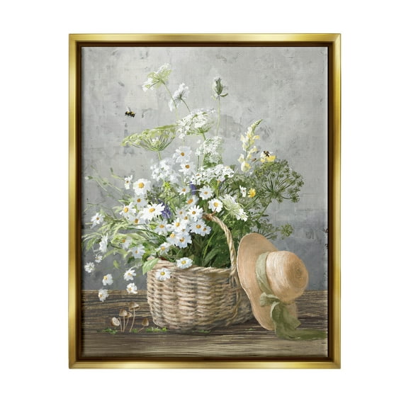 Stupell Industries Country Daisy Basket Botanical & Floral Painting Gold Floater Framed Canvas Art Print Wall Art, 25 x 31