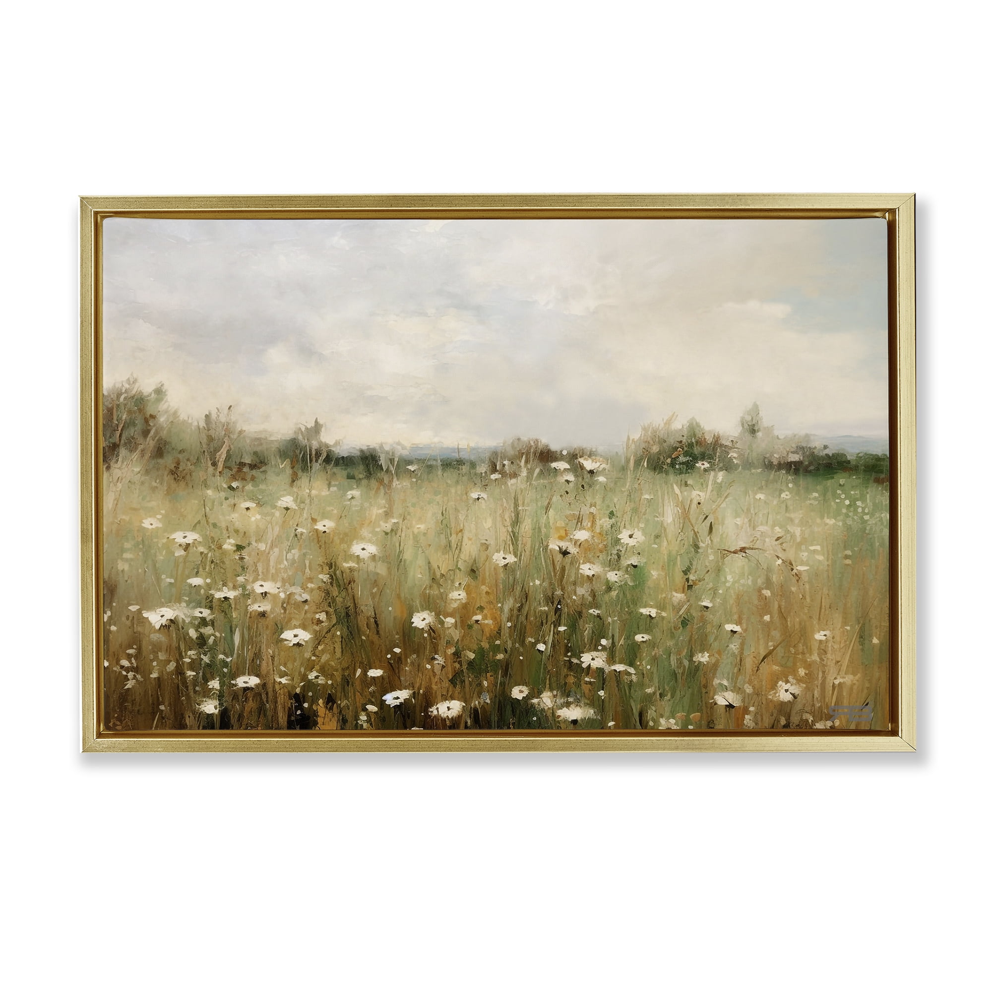 Stupell Industries Country Daisy Field Landscape Painting Gold Floater Framed Art Print Wall Art, 31 x 21
