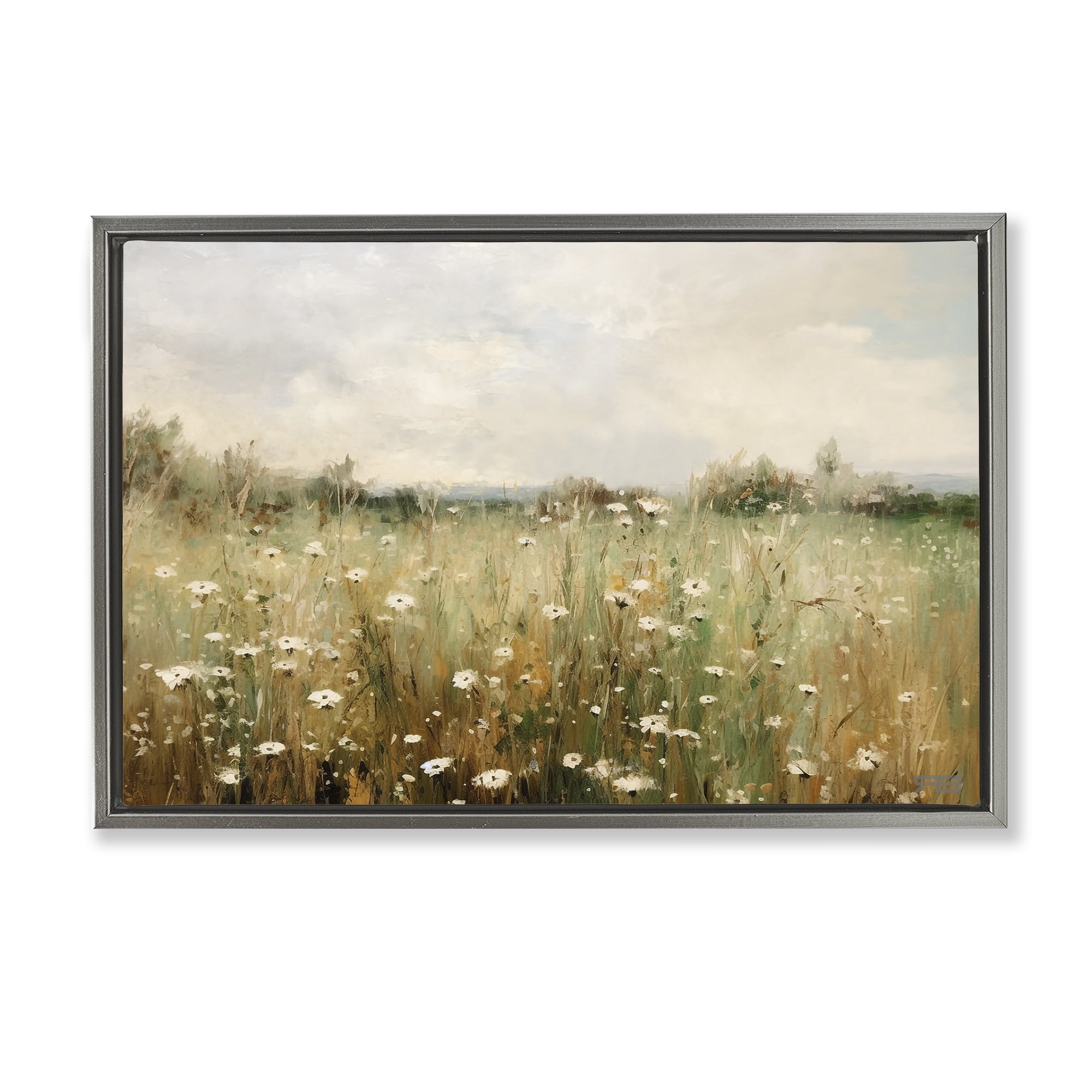Stupell Industries Country Daisy Field Landscape Painting Gray Floater Framed Art Print Wall Art, 25 x 17