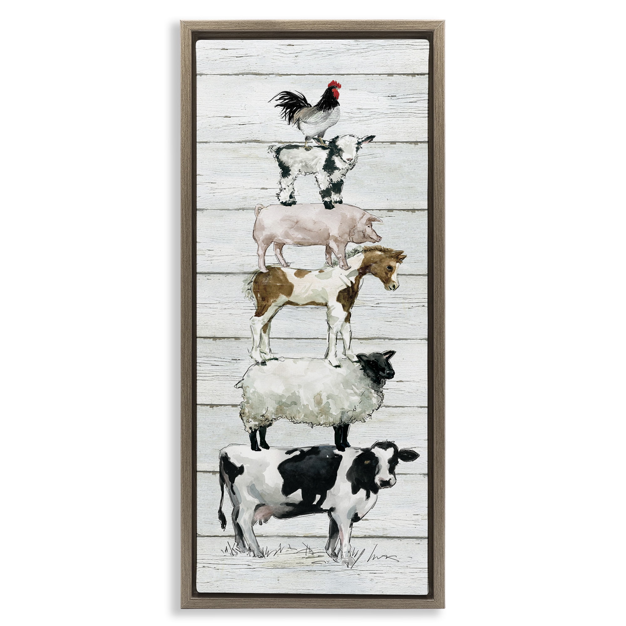 Stupell Industries Country Farm Animal Stack Animals & Insects Painting Brown Floater Framed Canvas Art Print Wall Art, 11 x 25