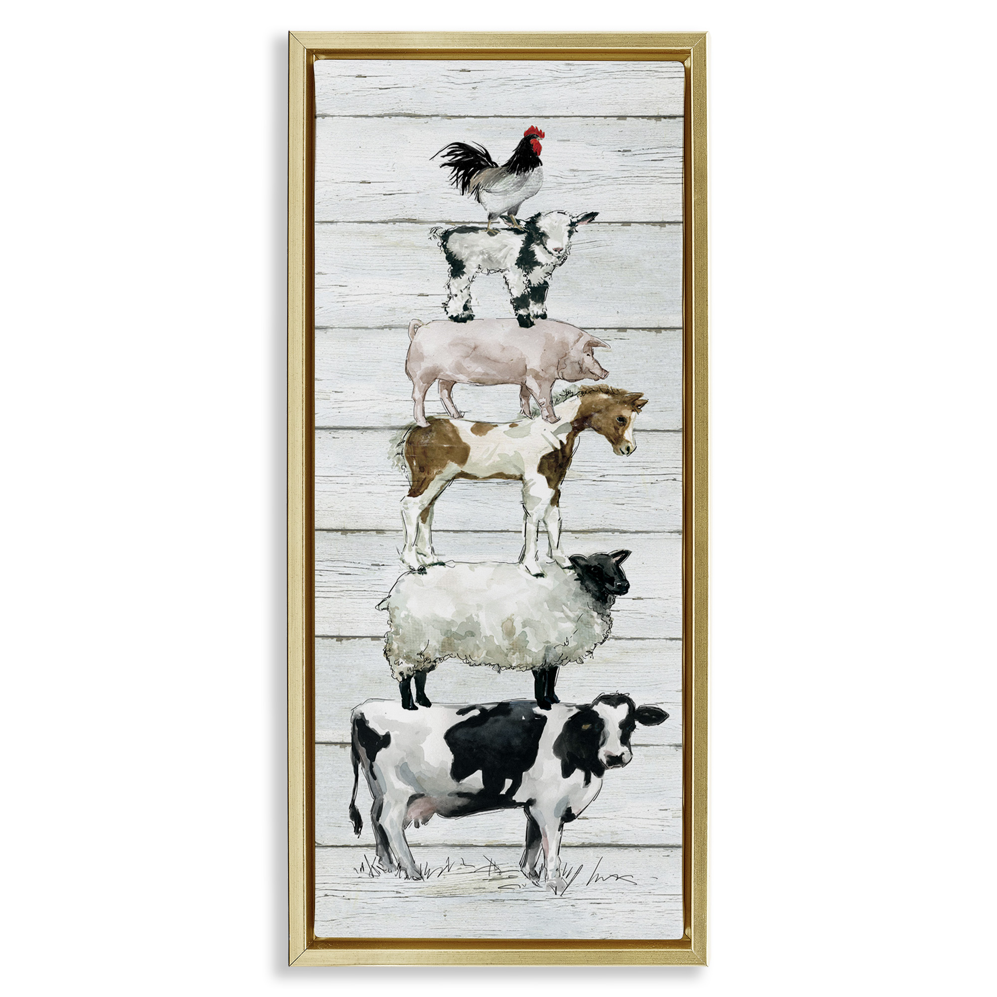 Stupell Industries Country Farm Animal Stack Animals & Insects Painting Gold Floater Framed Canvas Art Print Wall Art, 11 x 25