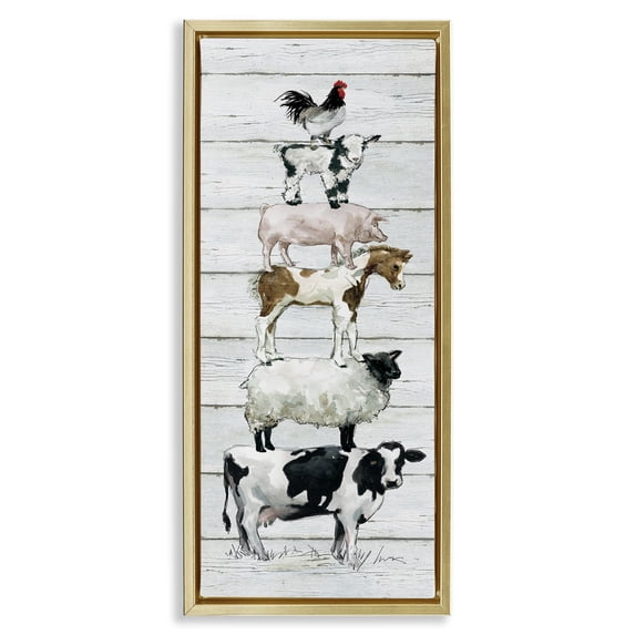Stupell Industries Country Farm Animal Stack Animals & Insects Painting Gold Floater Framed Canvas Art Print Wall Art, 11 x 25