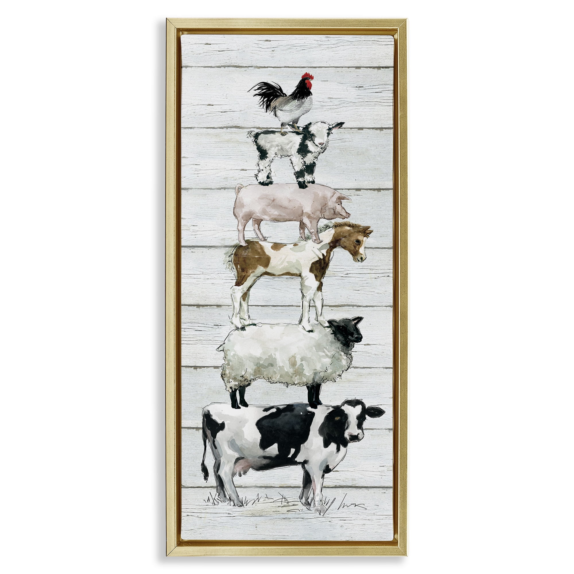 Stupell Industries Country Farm Animal Stack Animals & Insects Painting Gold Floater Framed Canvas Art Print Wall Art, 15 x 31
