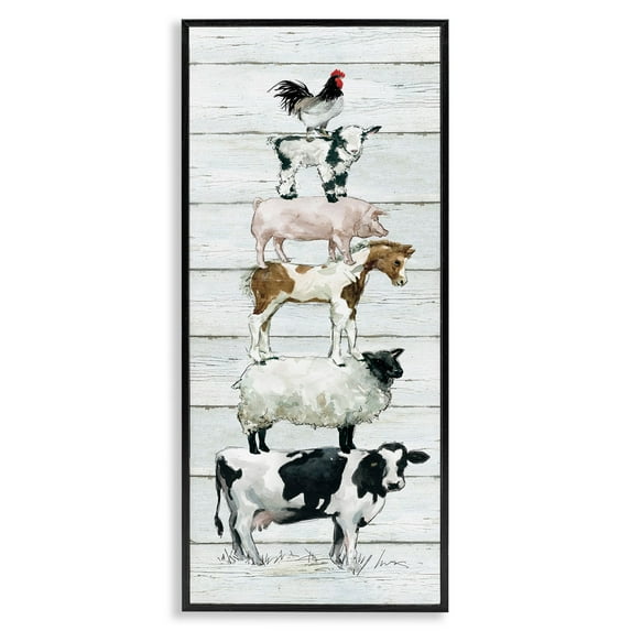 Stupell Industries Country Farm Animal Stack Cow Sheep Pig Rooster Animals & Insects Painting Black Framed Art Print Wall Art, 10 x 24