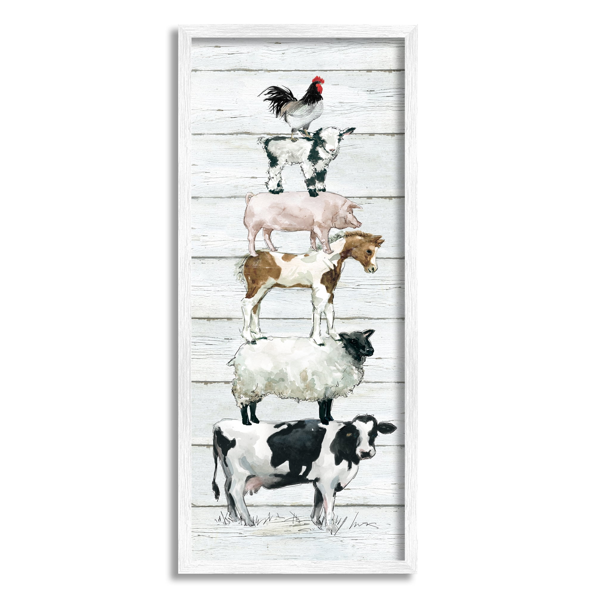 Stupell Industries Country Farm Animal Stack Cow Sheep Pig Rooster Modern Painting White Framed Art Print Wall Art, 13 x 30, Design by Carol Robinson