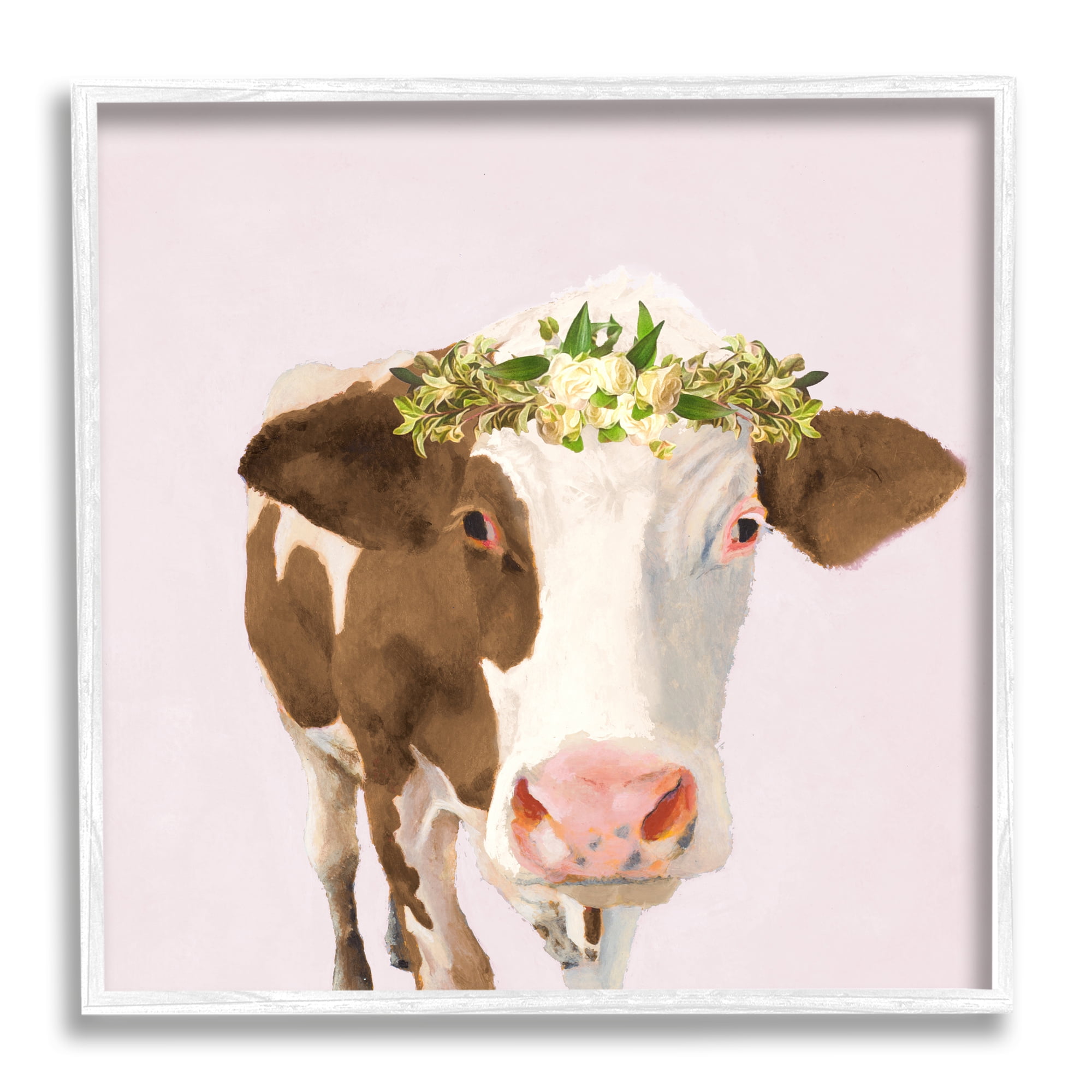 White Framed Boho Cow with Flower Crown Wall Art, 24" x 24"
