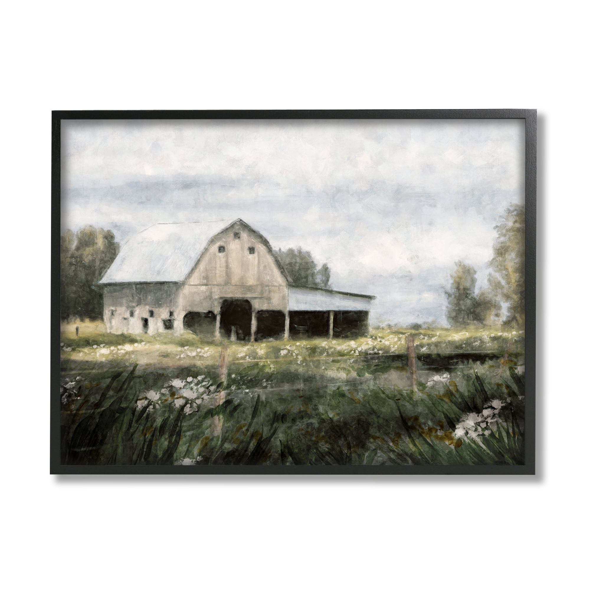 Country Farmhouse Barn Meadow Landscape Print on Canvas with Black Frame