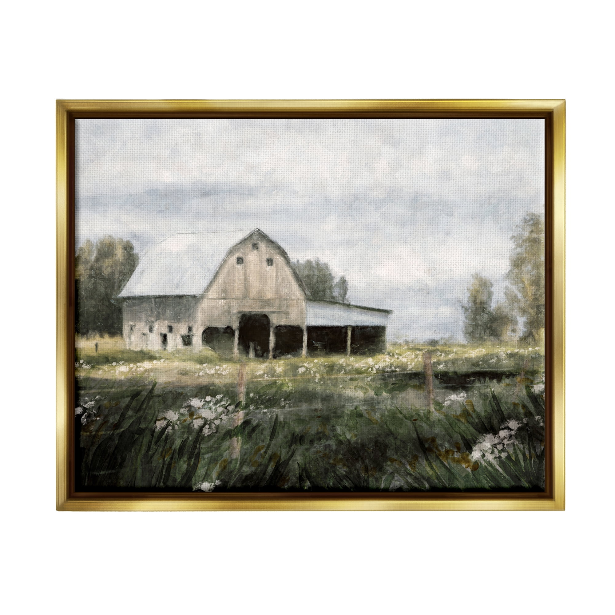 Stupell Industries Country Farmhouse Barn Meadow Landscape Painting Gold Floater Framed Art Print Wall Art
