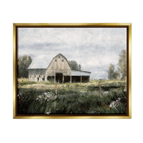 Stupell Industries Country Farmhouse Barn Meadow Landscape Painting Gold Floater Framed Art Print Wall Art
