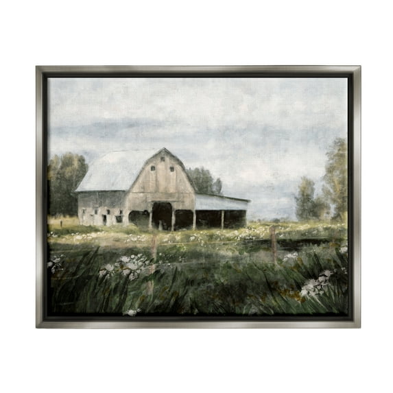 Stupell Industries Country Farmhouse Barn Meadow Landscape Painting Gray Floater Framed Art Print Wall Art