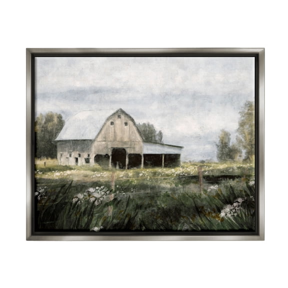 Stupell Industries Country Farmhouse Barn Meadow Landscape Painting Gray Floater Framed Art Print Wall Art