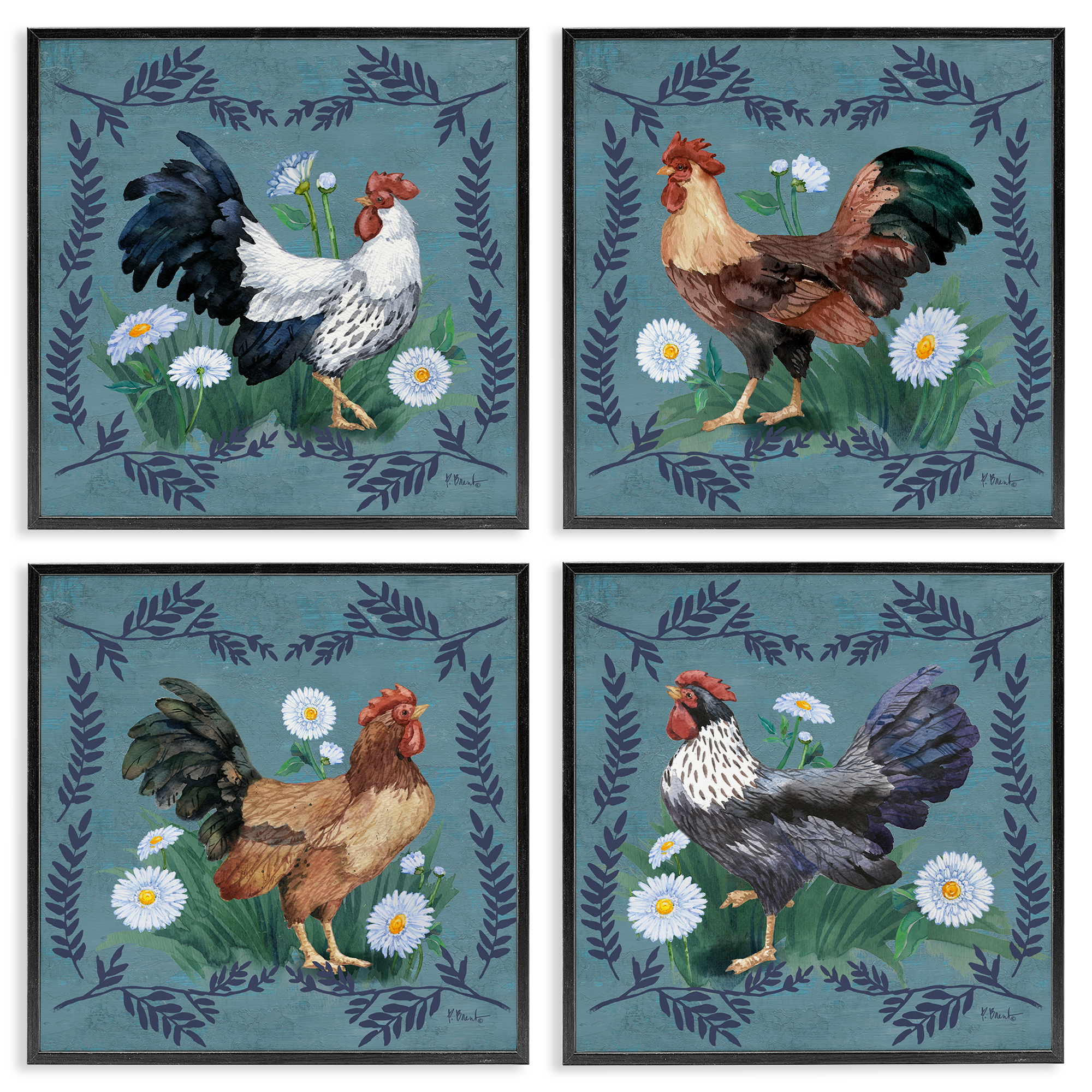 Stupell Industries Country Ferns & Roosters Animals Painting Black Framed Art Print Wall Art, 17 x 17, Set of 4