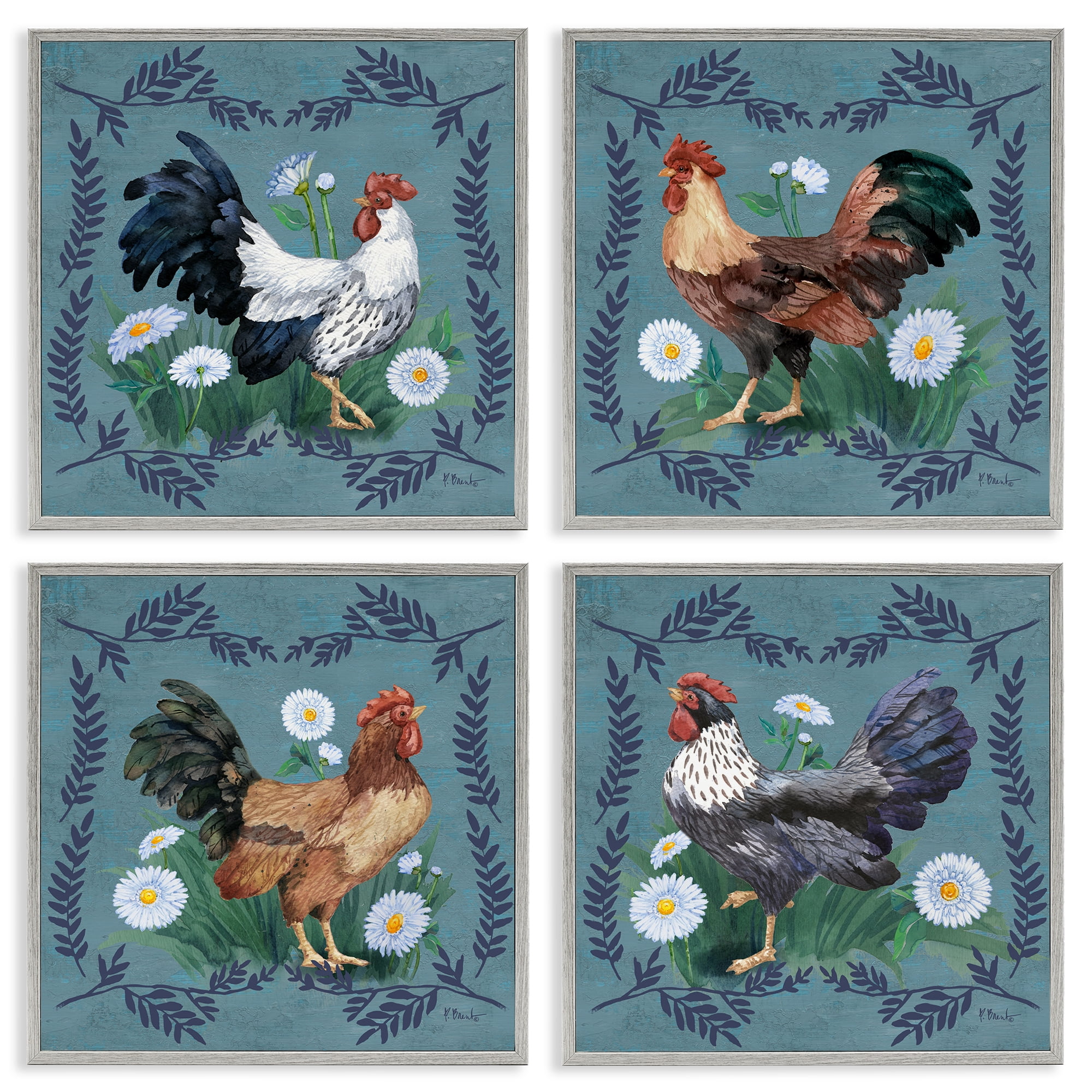 Stupell Industries Country Ferns & Roosters Animals Painting Gray Framed Art Print Wall Art, 12 x 12, Set of 4