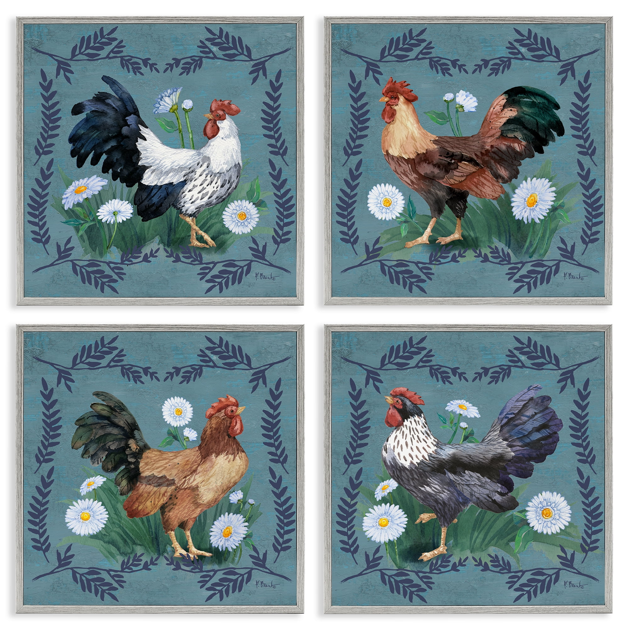 Stupell Industries Country Ferns & Roosters Animals Painting Gray Framed Art Print Wall Art, 17 x 17, Set of 4