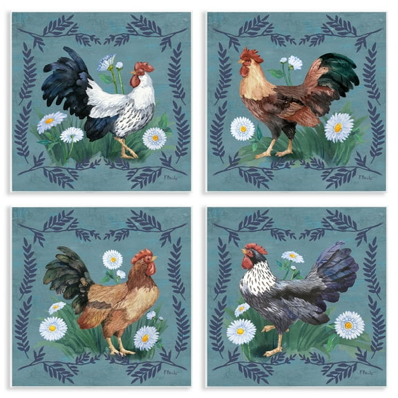 Stupell Industries Country Ferns & Roosters Animals Painting Unframed Art Print Wall Art, 12 x 12, Set of 4