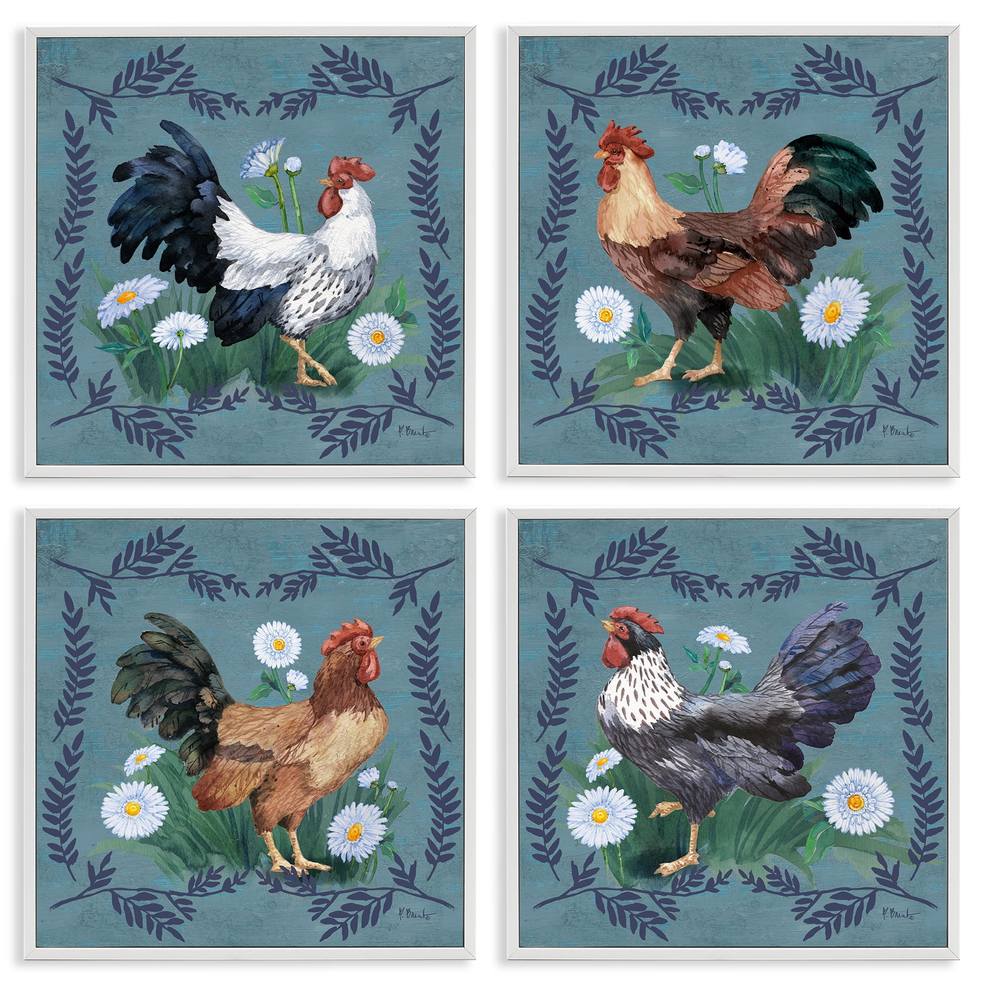 Stupell Industries Country Ferns & Roosters Animals Painting White Framed Art Print Wall Art, 12 x 12, Set of 4
