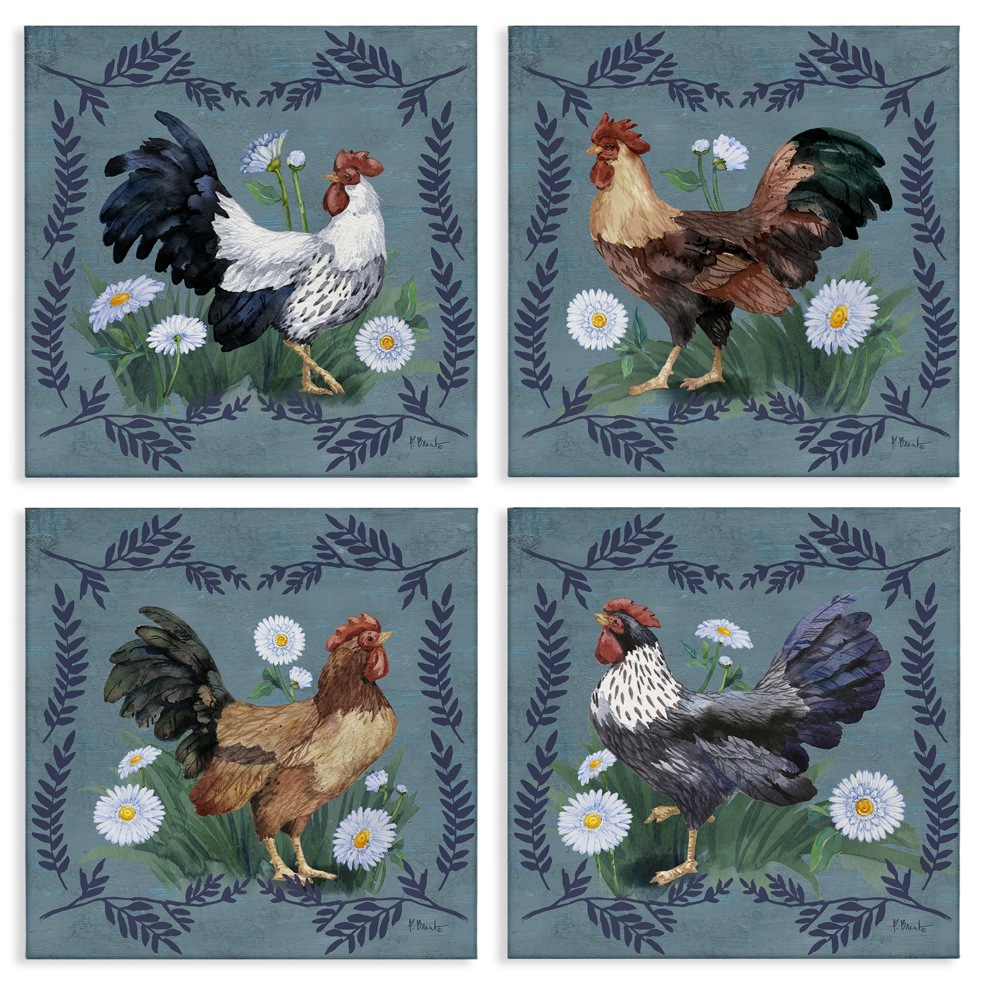 Stupell Industries Country Ferns & Roosters Animals Painting Wrapped Canvas Art Print Wall Art, 17 x 17, Set of 4
