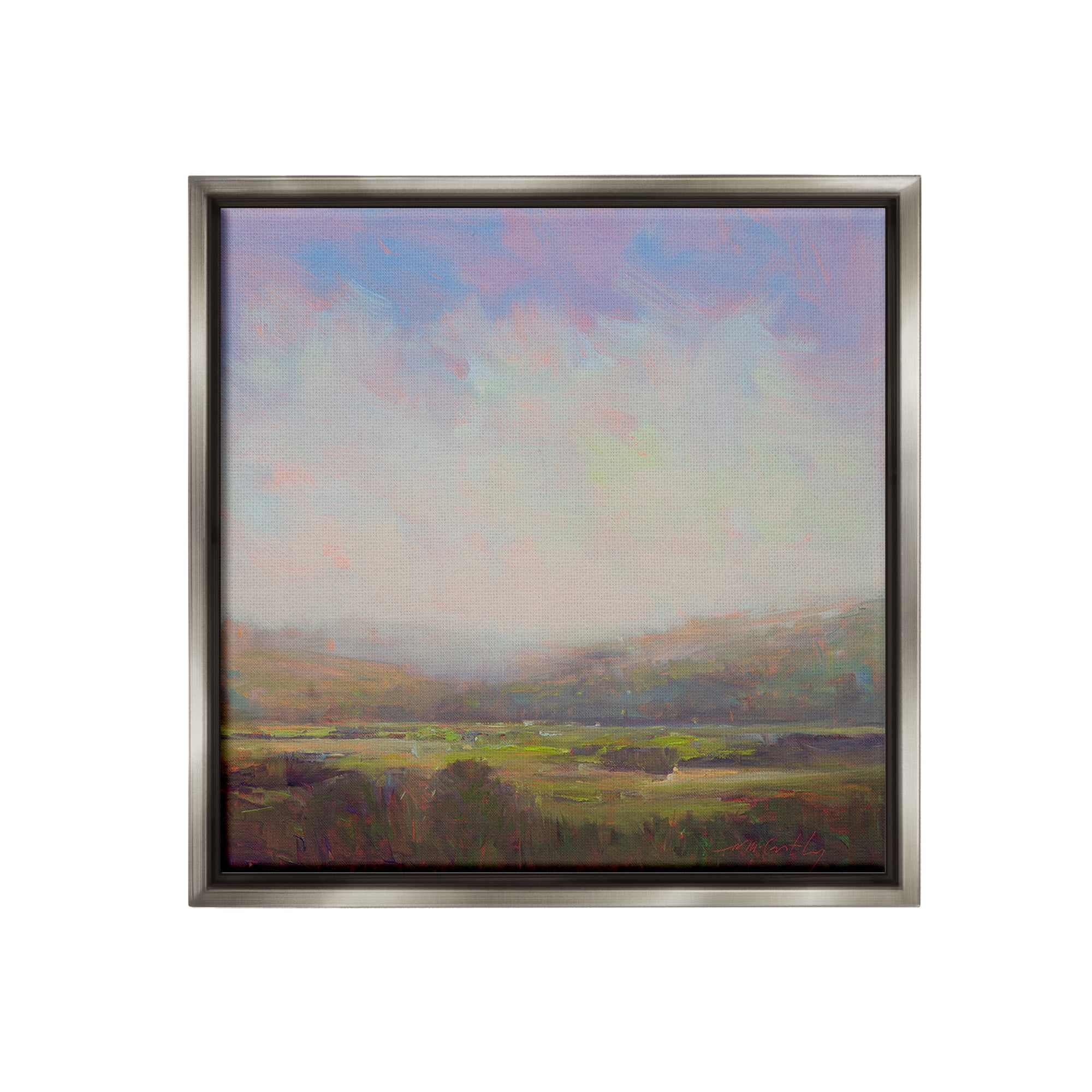 Stupell Industries Country Field & Purple Sky Landscape Painting Gray Floater Framed Canvas Art Print Wall Art, 18 x 18