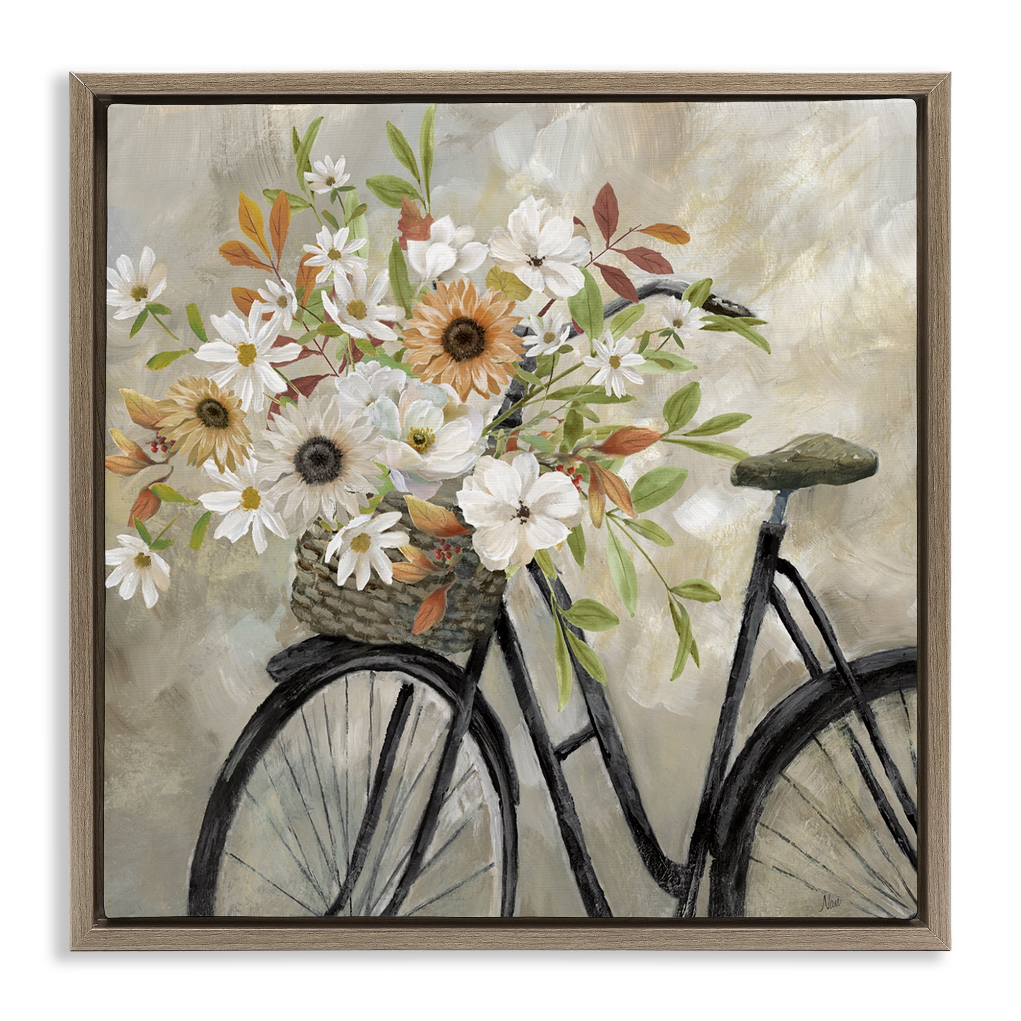 Stupell Industries Country Floral Bicycle Plants & Flowers Painting Brown Floater Framed Canvas Art Print Wall Art, 18 x 18