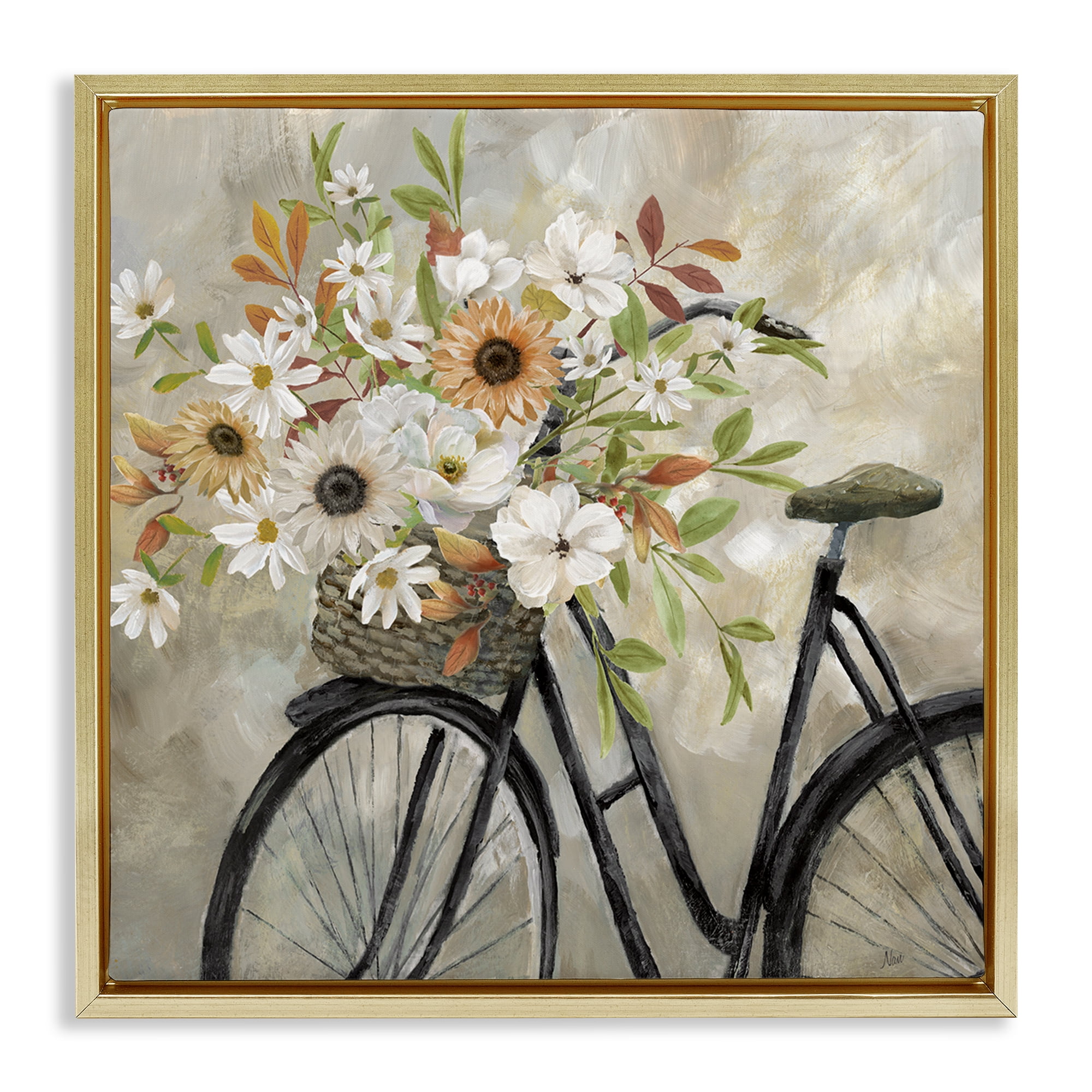 Stupell Industries Country Floral Bicycle Plants & Flowers Painting Gold Floater Framed Canvas Art Print Wall Art, 18 x 18