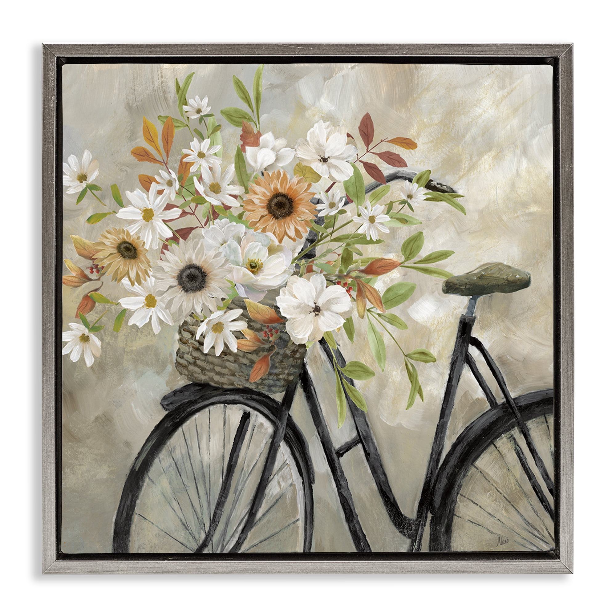 Stupell Industries Country Floral Bicycle Plants & Flowers Painting Gray Floater Framed Canvas Art Print Wall Art, 18 x 18