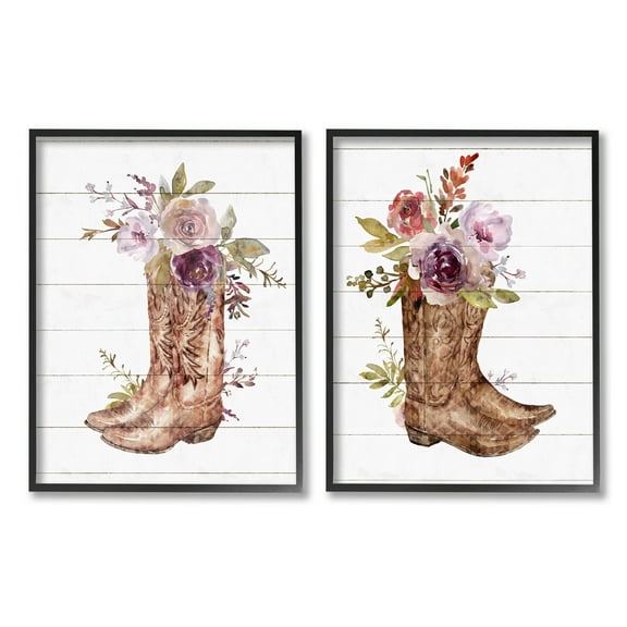 Stupell Industries Country Floral Boho Boots Graphic Art Black Framed Art Print Wall Art, Set of 2, Design by Nina Blue
