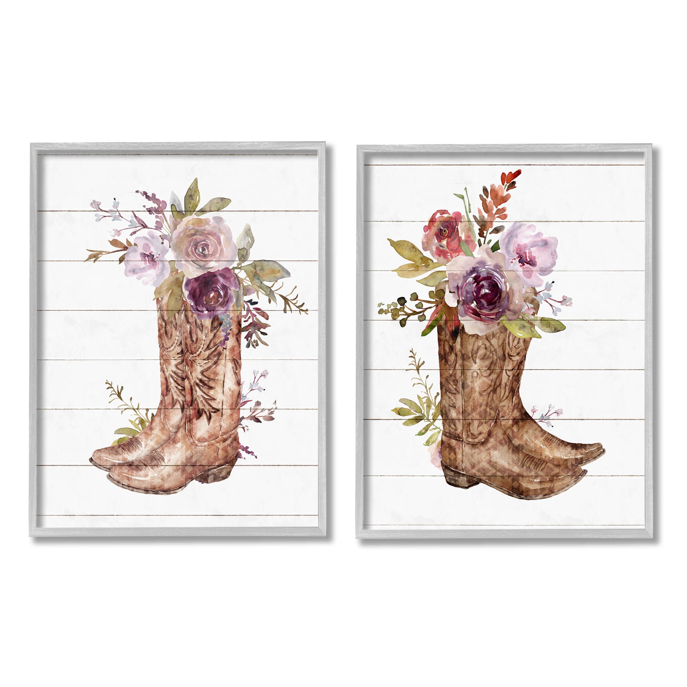 Stupell Industries Country Floral Boho Boots Graphic Art Gray Framed Art Print Wall Art, Set of 2, Design by Nina Blue