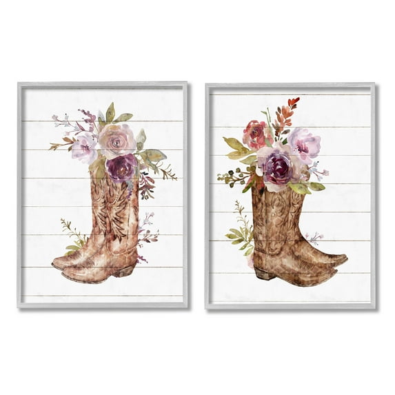 Stupell Industries Country Floral Boho Boots Graphic Art Gray Framed Art Print Wall Art, Set of 2, Design by Nina Blue
