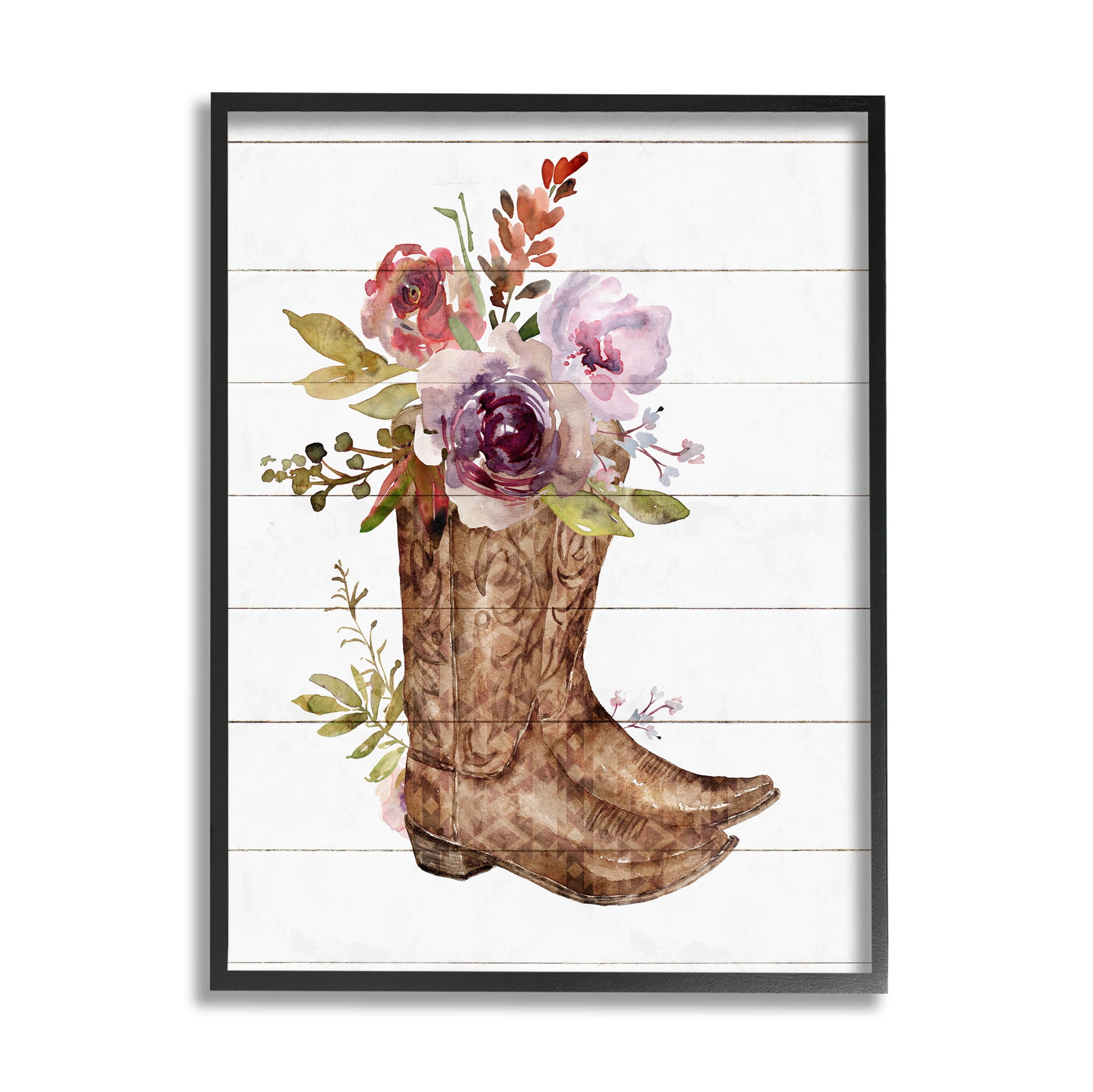 Stupell Industries Country Floral Boots Arrangement Graphic Art Black Framed Art Print Wall Art, Design by Nina Blue