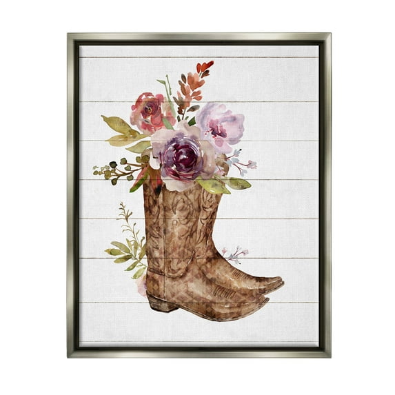 Stupell Industries Country Floral Boots Arrangement Graphic Art Luster Gray Floating Framed Canvas Print Wall Art, Design by Nina Blue