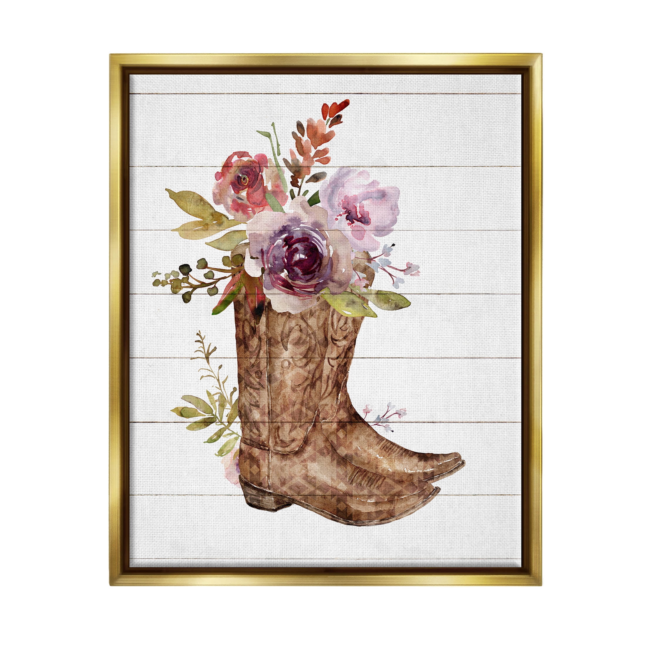 Stupell Industries Country Floral Boots Arrangement Graphic Art Metallic Gold Floating Framed Canvas Print Wall Art, Design by Nina Blue
