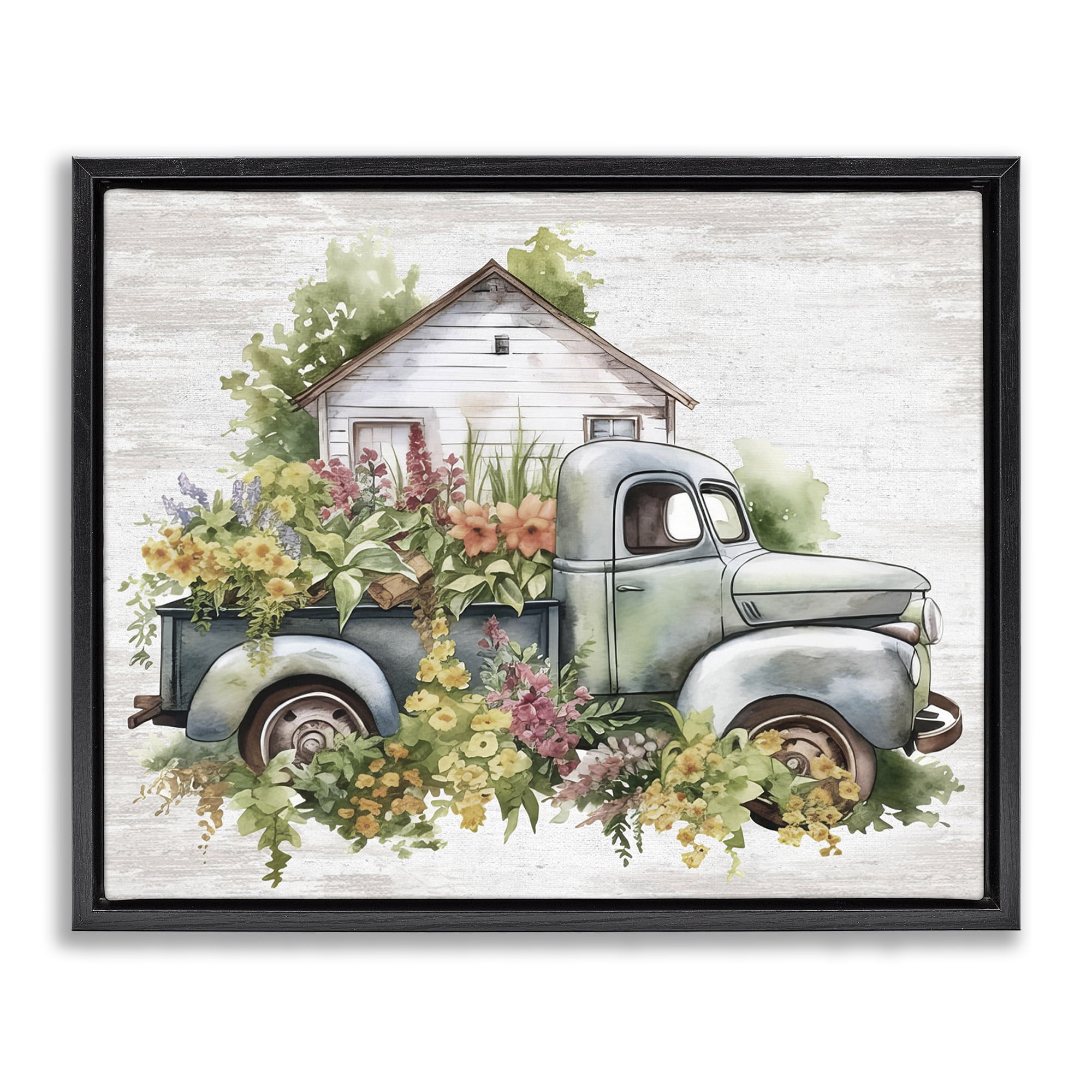 Stupell Industries Country Floral Truck Transportation Painting Black Floater Framed Canvas Art Print Wall Art, 21 x 17