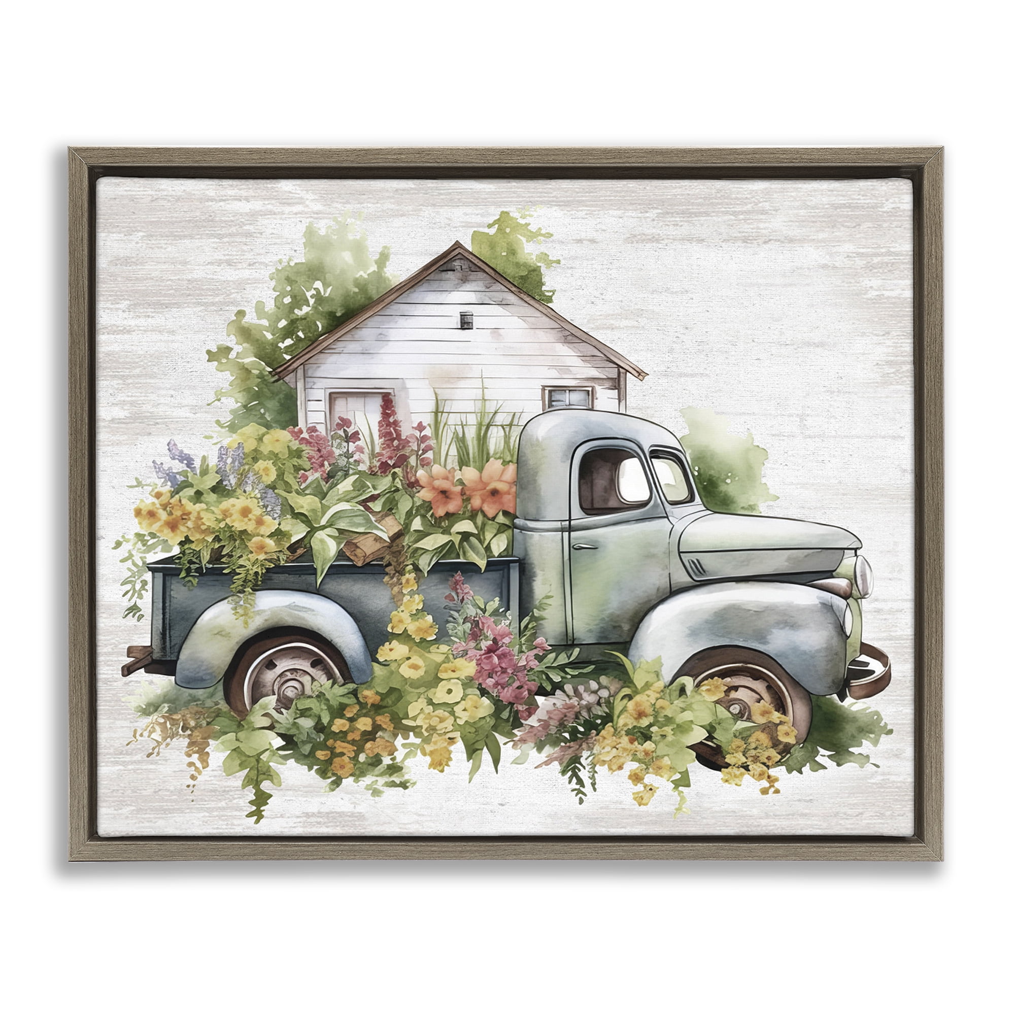 Stupell Industries Country Floral Truck Transportation Painting Brown Floater Framed Canvas Art Print Wall Art, 21 x 17