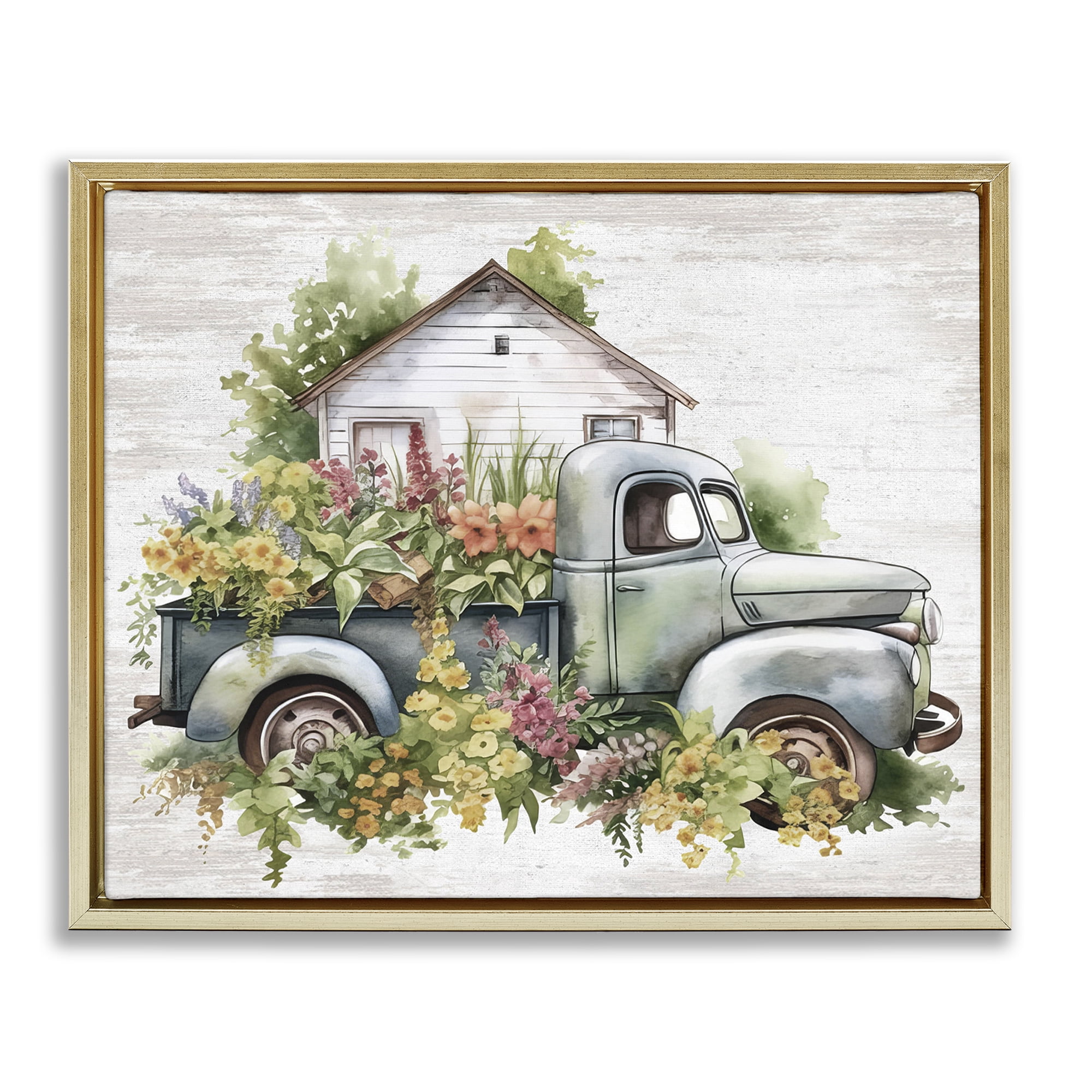 Stupell Industries Country Floral Truck Transportation Painting Gold Floater Framed Canvas Art Print Wall Art, 31 x 25