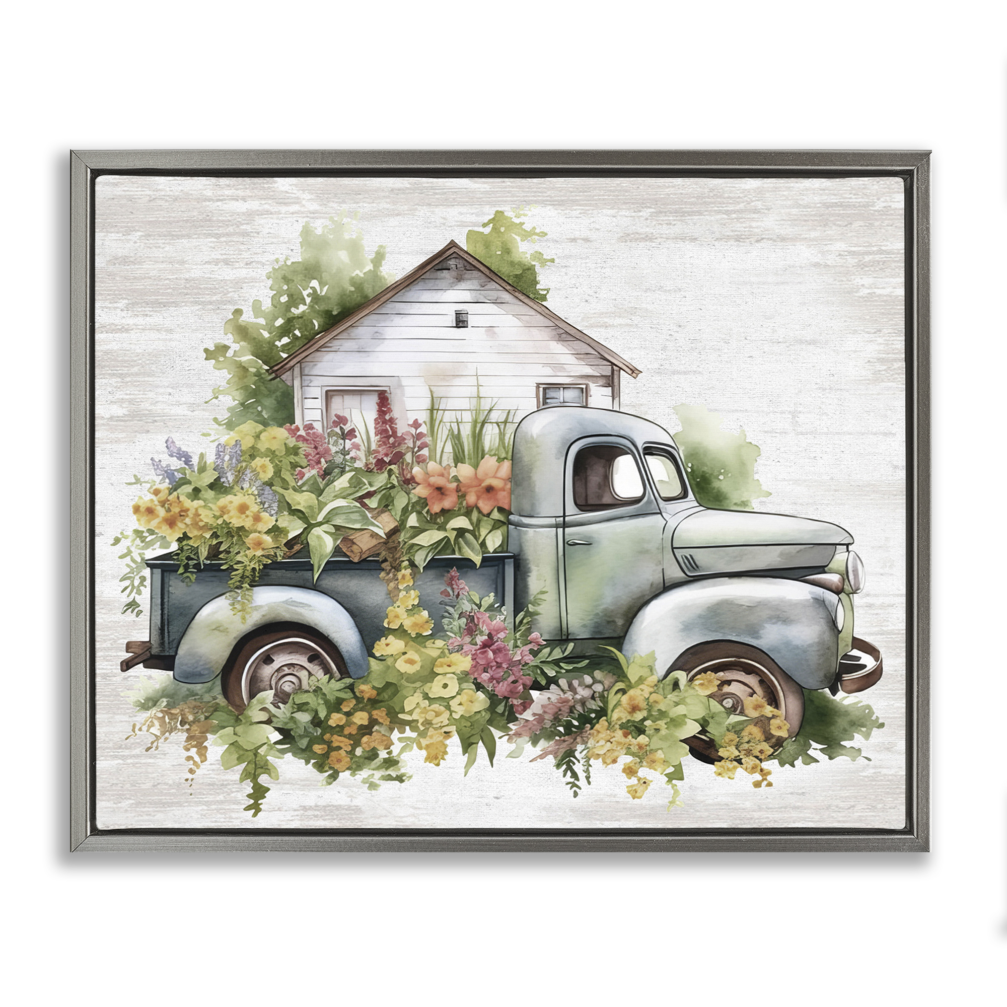 Stupell Industries Country Floral Truck Transportation Painting Gray Floater Framed Canvas Art Print Wall Art, 21 x 17