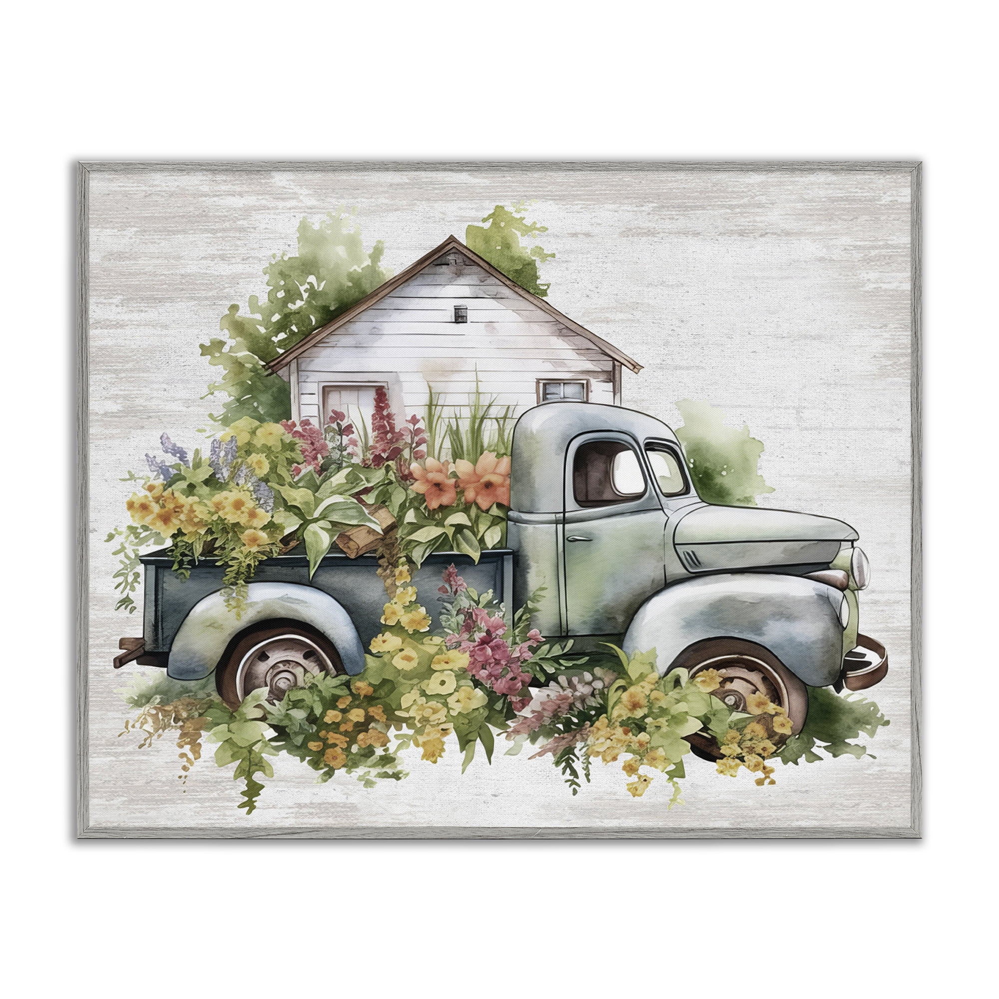 Stupell Industries Country Floral Truck Transportation Painting Gray Framed Art Print Wall Art, 14 x 11