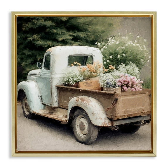Stupell Industries Country Florals in Truck Transportation Painting Gold Floater Framed Canvas Art Print Wall Art, 18 x 18