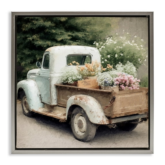 Stupell Industries Country Florals in Truck Transportation Painting Gray Floater Framed Canvas Art Print Wall Art, 25 x 25
