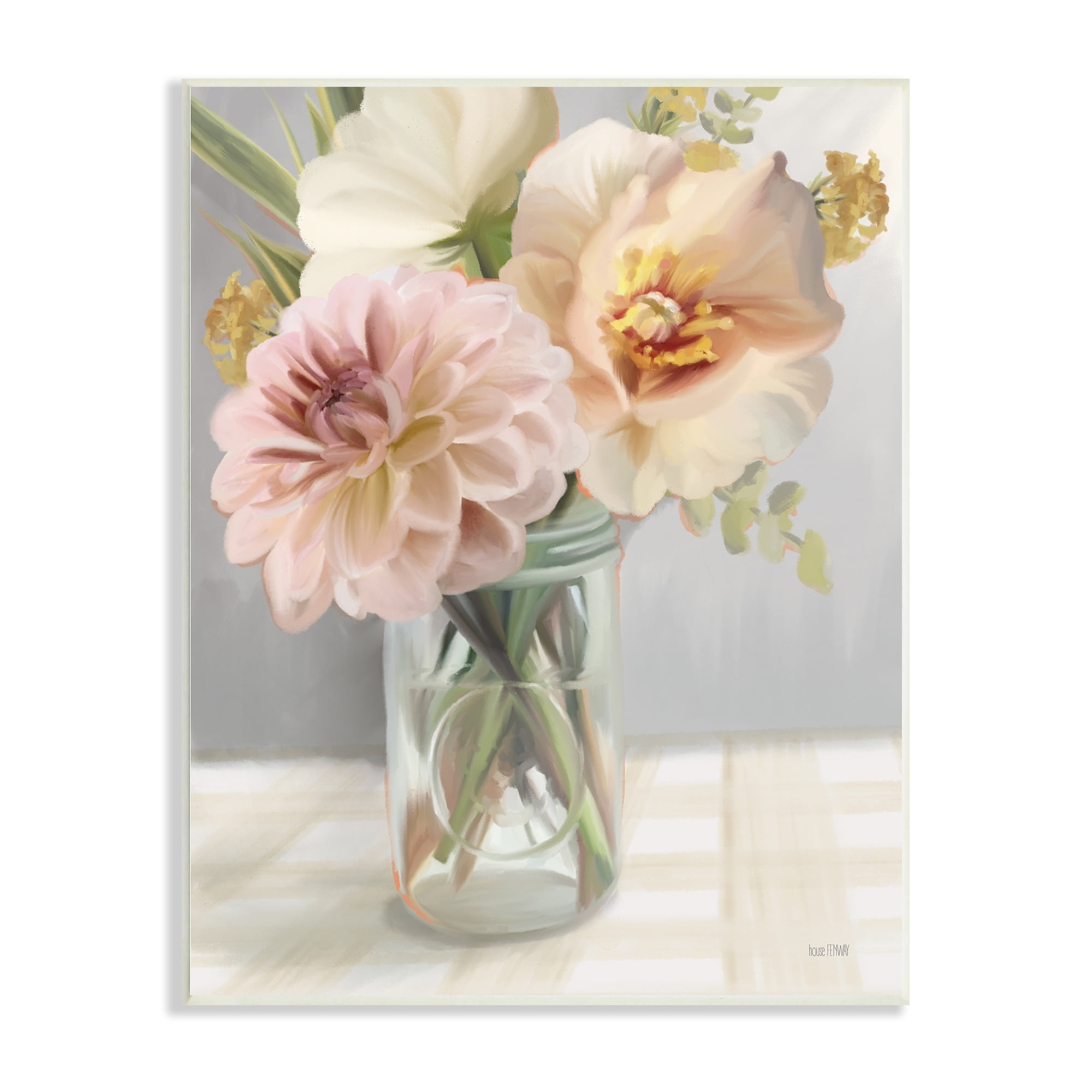 Stupell Industries Country Flower Arrangement Jar Bouquet Tartan Tabletop , 13 x 19, Design by House Fenway
