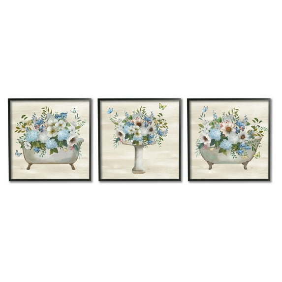 Stupell Industries Country Flower Bathroom Botanical & Floral Painting Black Framed Art Print Wall Art, 17 x 17, Set of 3