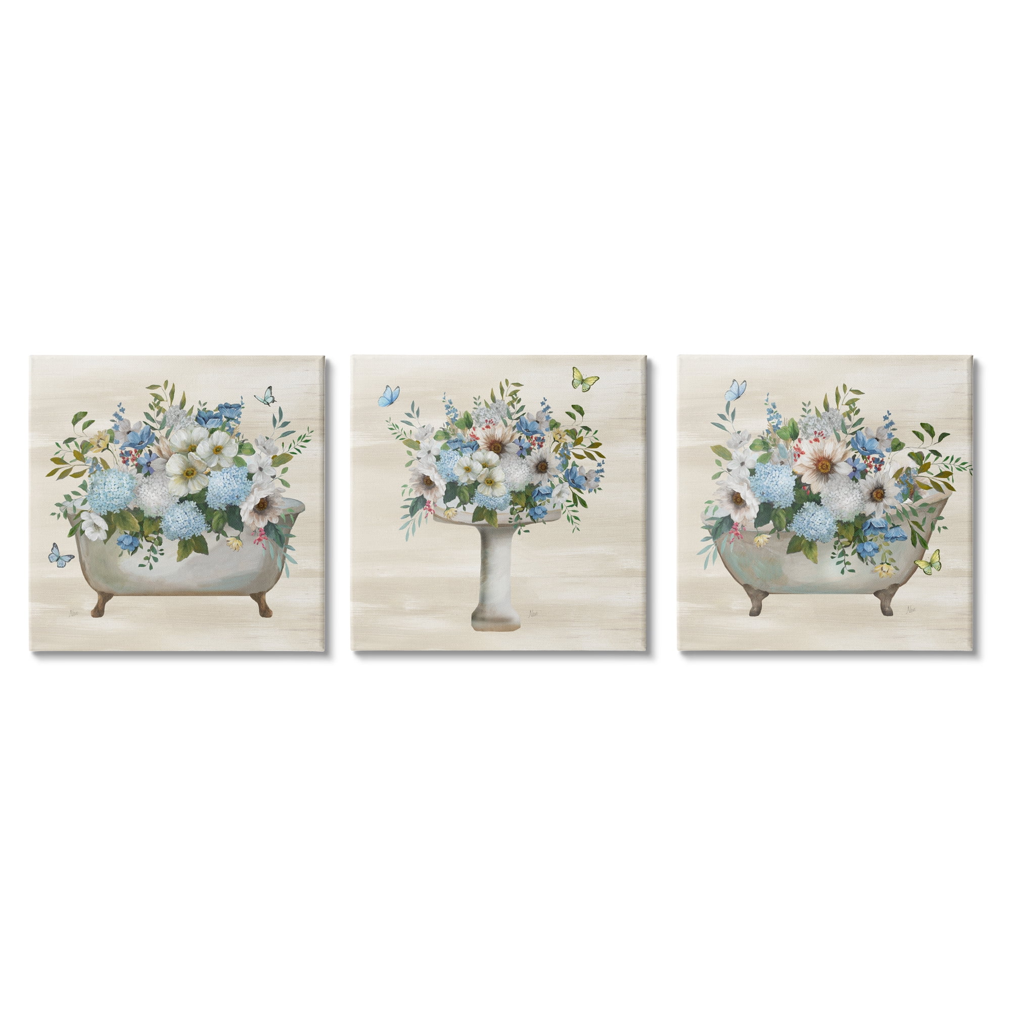 Stupell Industries Country Flower Bathroom Botanical & Floral Painting Gallery Wrapped Canvas Art Print Wall Art, 17 x 17, Set of 3