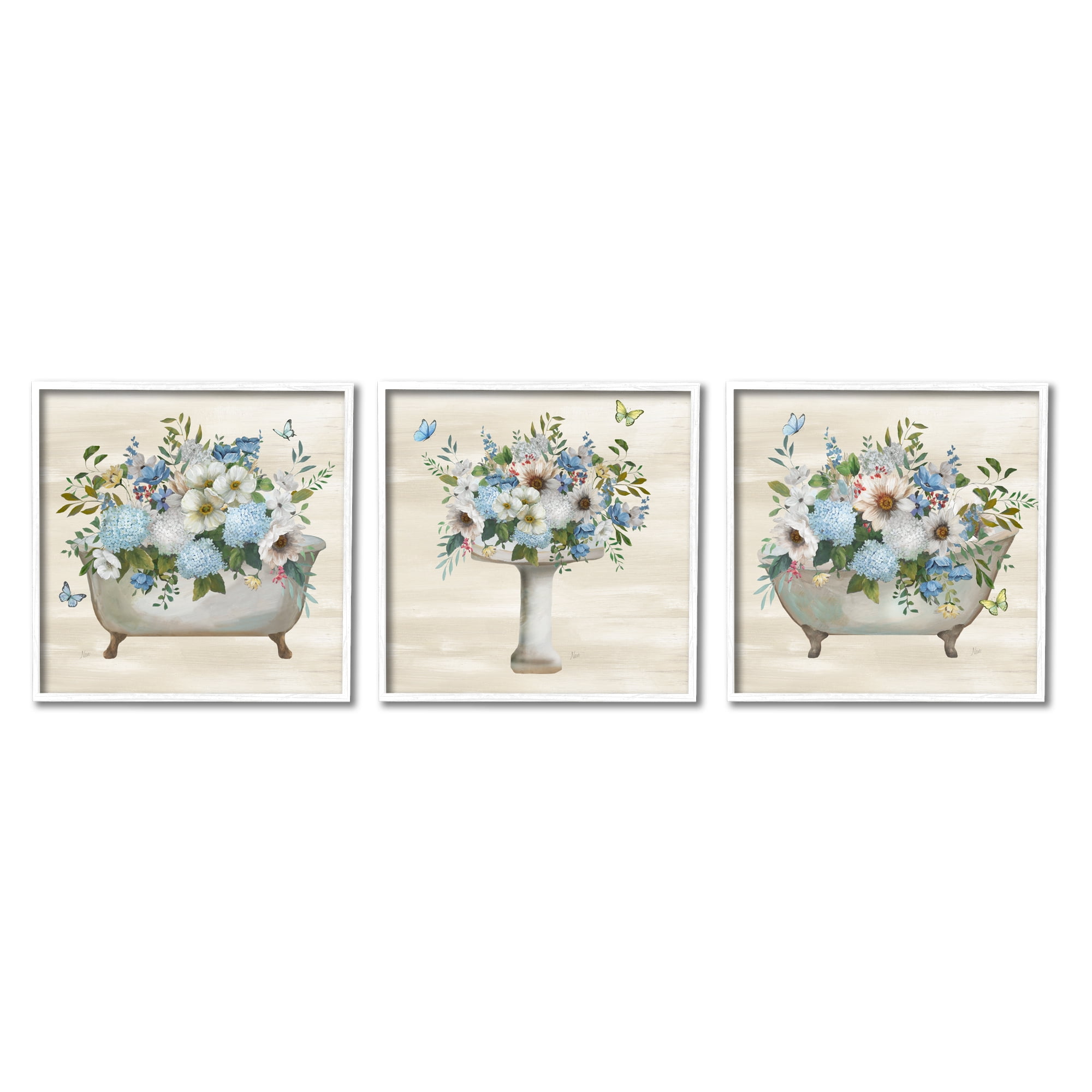 Stupell Industries Country Flower Bathroom Botanical & Floral Painting White Framed Art Print Wall Art, 12 x 12, Set of 3