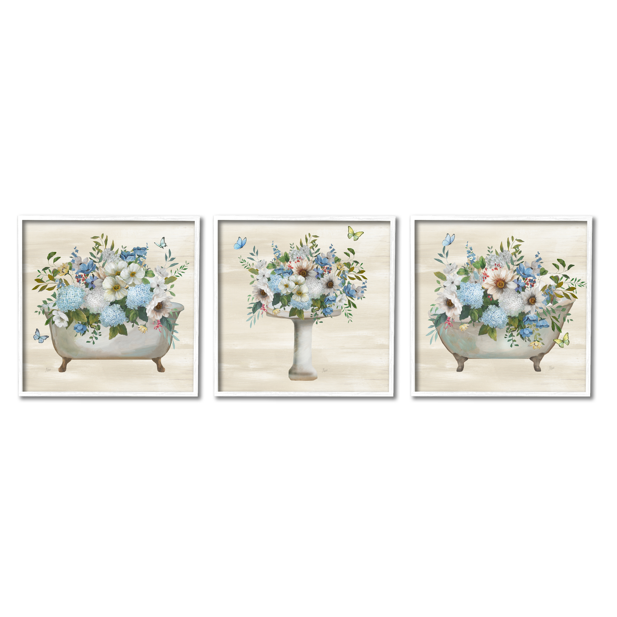 Stupell Industries Country Flower Bathroom Botanical & Floral Painting White Framed Art Print Wall Art, 17 x 17, Set of 3